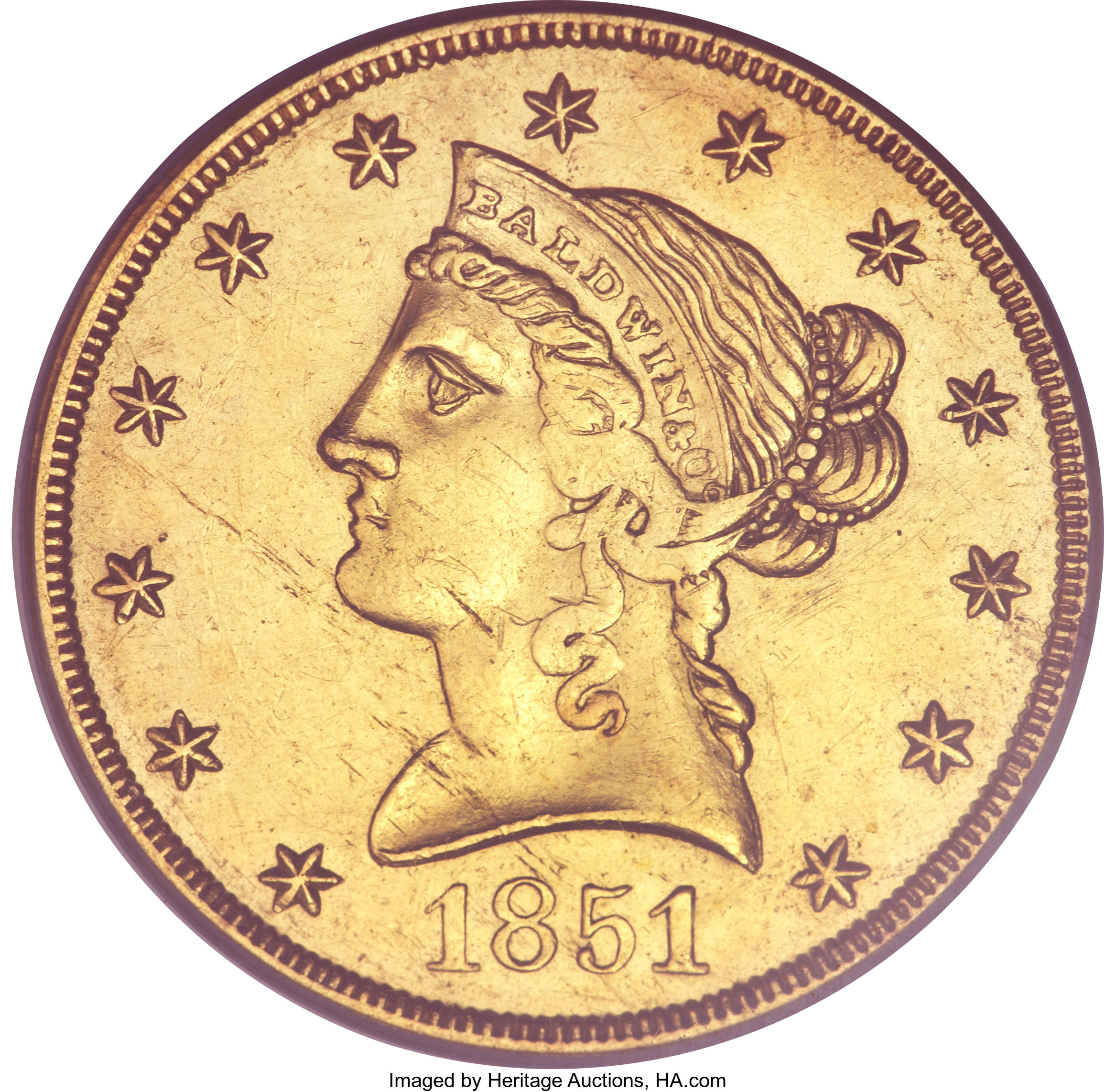 image for: 1851 $10 Baldwin Ten Dollar AU55 PCGS. K-4, High R.6....