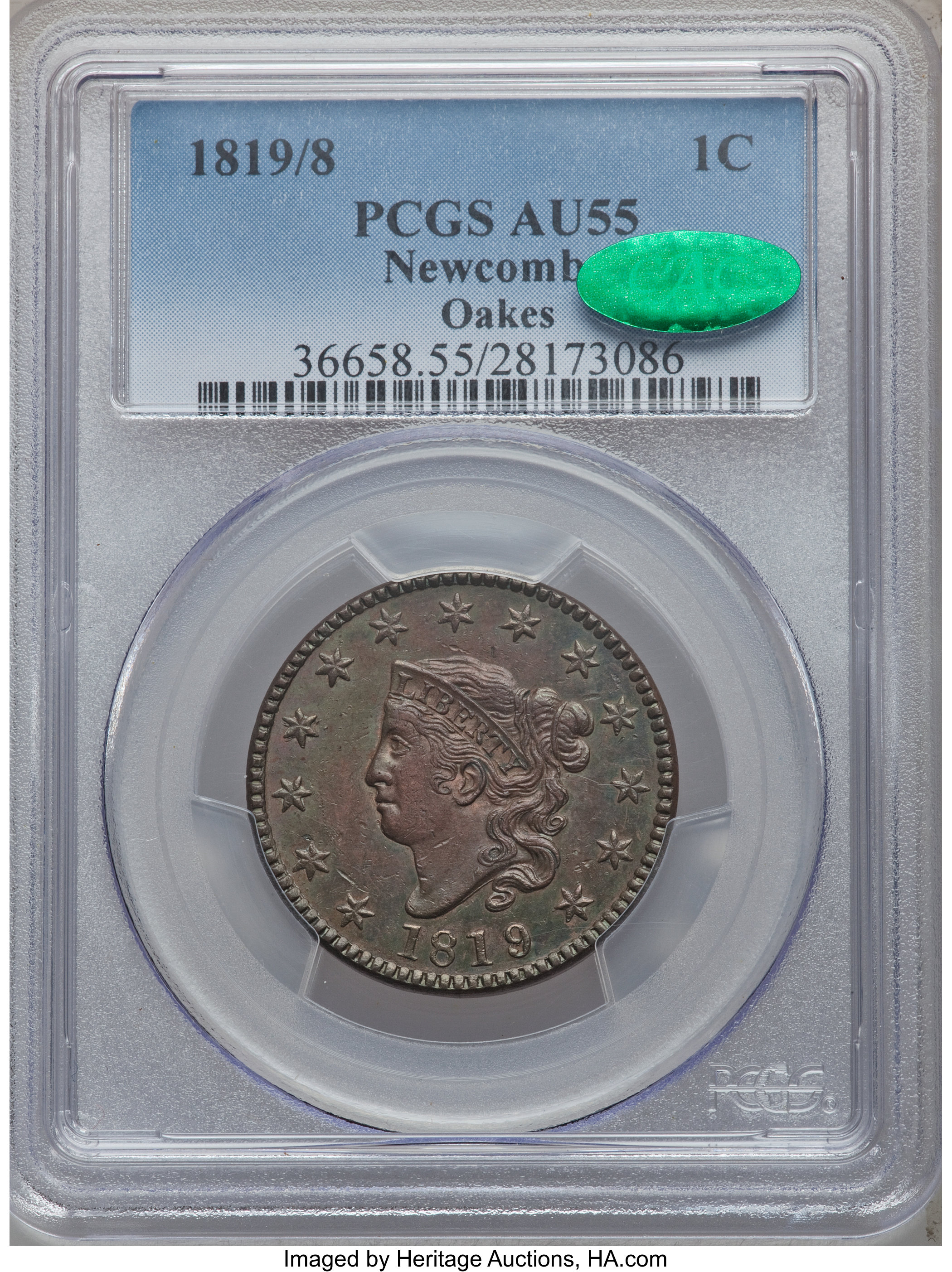 image for: 1819/8 1C N-1, High R.1, AU55 PCGS. CAC. Ex: Oakes. PCGS Population (0/0). NGC Census: (0/0).  From The Oakes Collectio...