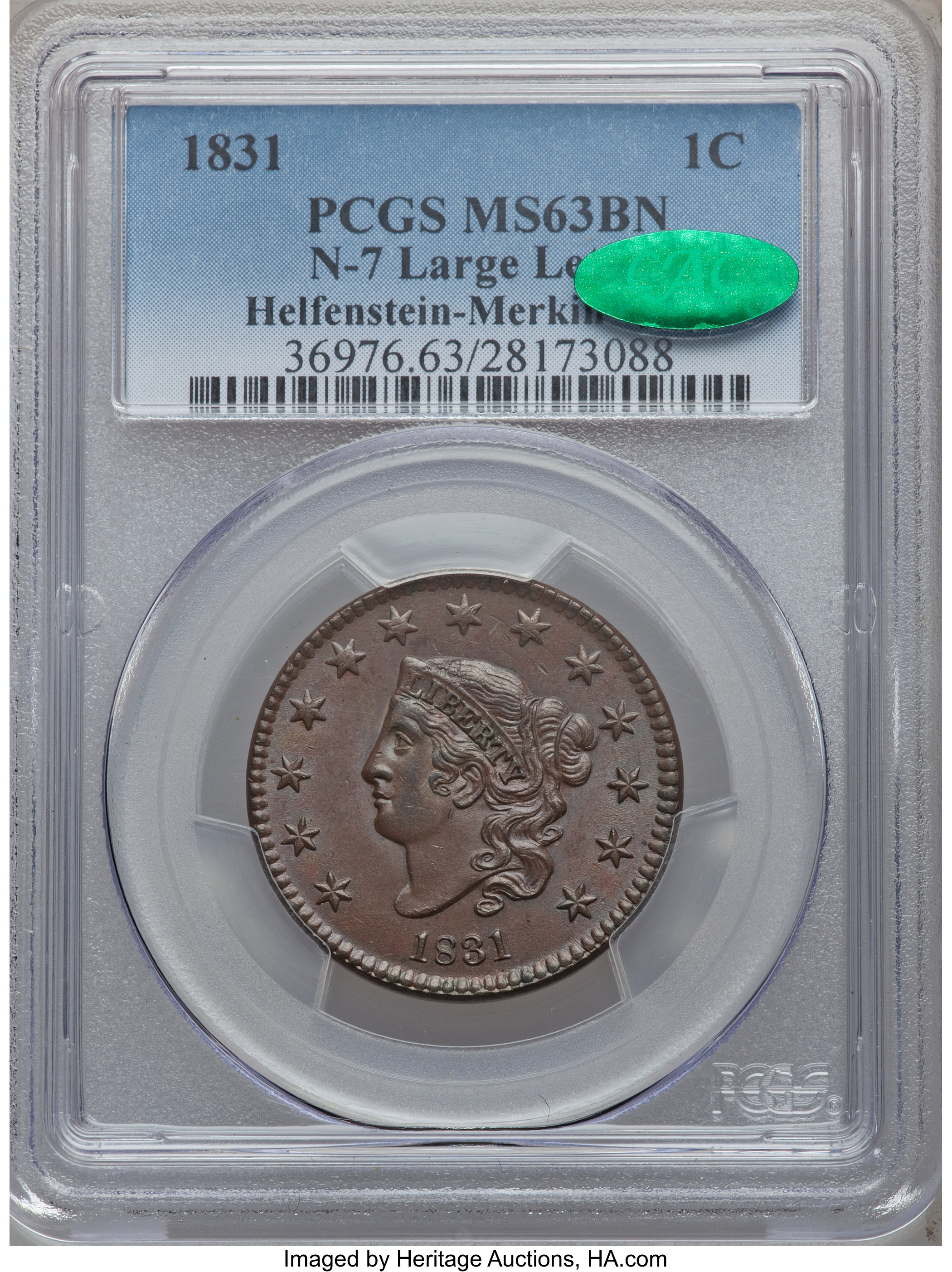 image for: 1831 1C Large Letters, N-7, R.1, MS63 Brown PCGS. CAC. Ex: Helfenstein-Merkin-Oakes. PCGS Population (0/0). NGC Census: (0/...