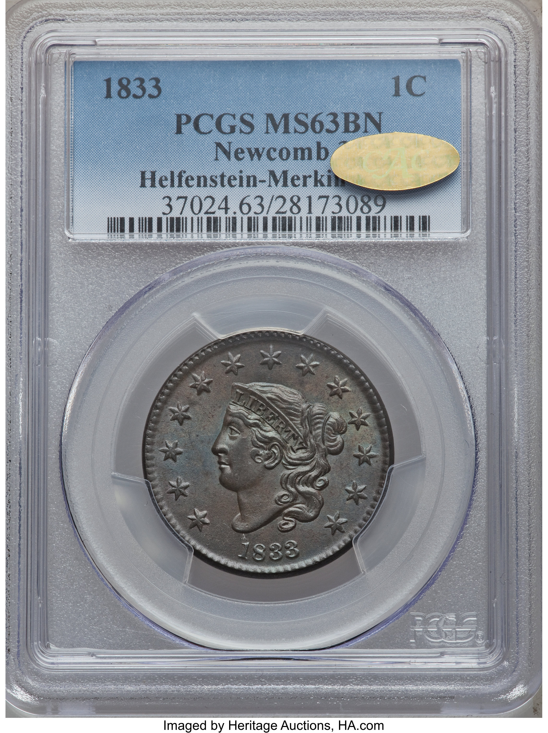 image for: 1833 1C N-3, High R.1, MS63 Brown PCGS. Gold CAC. Ex: Helfenstein-Merkin-Oakes. PCGS Population (0/0). NGC Census: (0/0).  ...