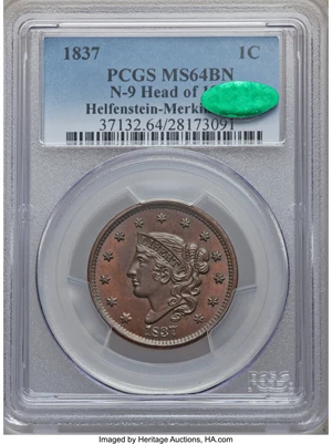 image for: 1837 1C Head of 1838, N-9, R.1, MS64 Brown PCGS. CAC. Ex: Helfenstein-Merkin-Oakes. PCGS Population (0/0). NGC Census: (0/0...