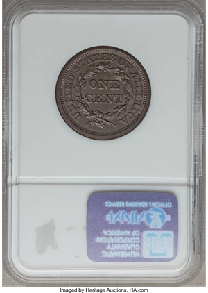 image for: 1845 1C MS65 Brown NGC. N-3. NGC Census: (17/2). PCGS Population (4/0). Mintage: 3,894,804. Numismedia Wsl. Price for prob...