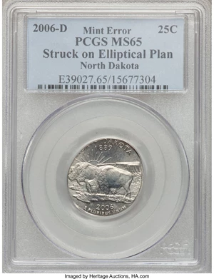 image for: 2006-D 25C North Dakota Statehood Quarter -- Struck on Elliptical Planchet -- MS65 PCGS....