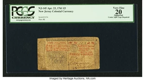 image for: New Jersey April 23, 1761 £3 PCGS Apparent Very Fine 20....