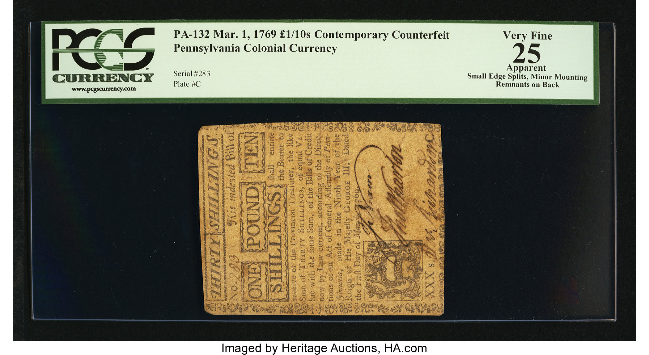 image for: Pennsylvania March 1, 1769 £1 10s Contemporary Counterfeit PCGS Apparent Very Fine 25....