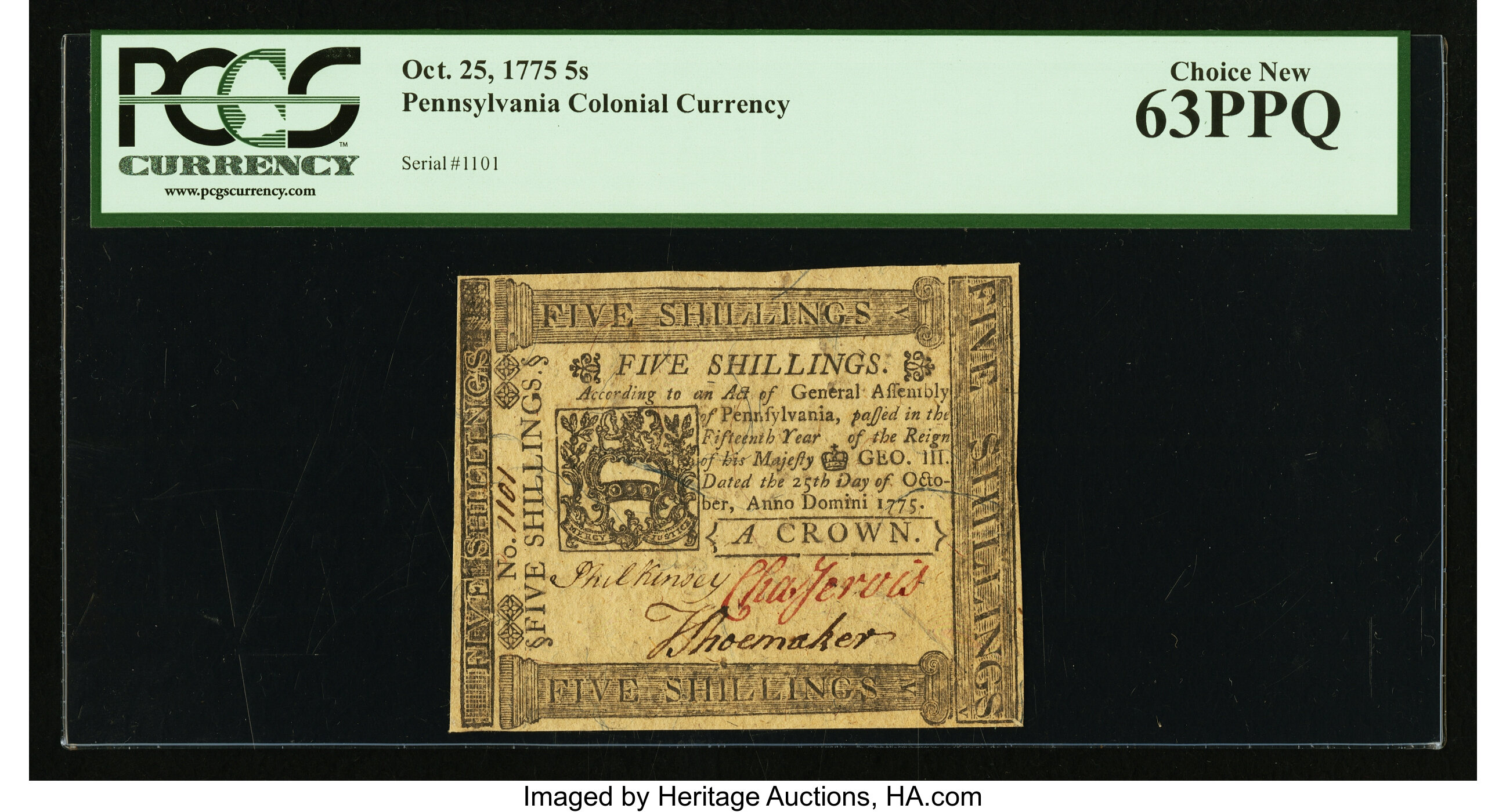 image for: Pennsylvania October 25, 1775 5s PCGS Choice New 63PPQ....