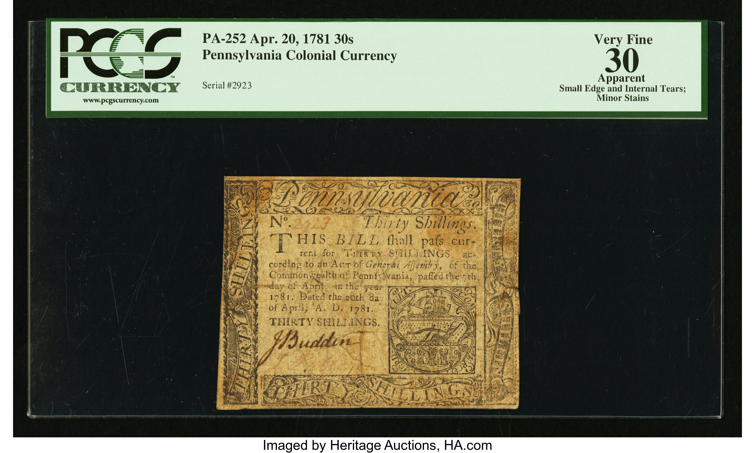 image for: Pennsylvania April 20, 1781 30s PCGS Apparent Very Fine 30....
