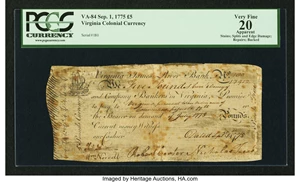 image for: Virginia September 1, 1775 £5 PCGS Apparent Very Fine 20....