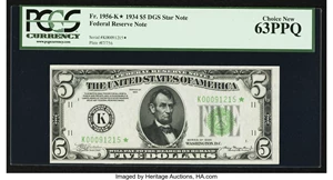 image for: Fr. 1956-K* $5 1934 Federal Reserve Note. PCGS Choice New 63PPQ....