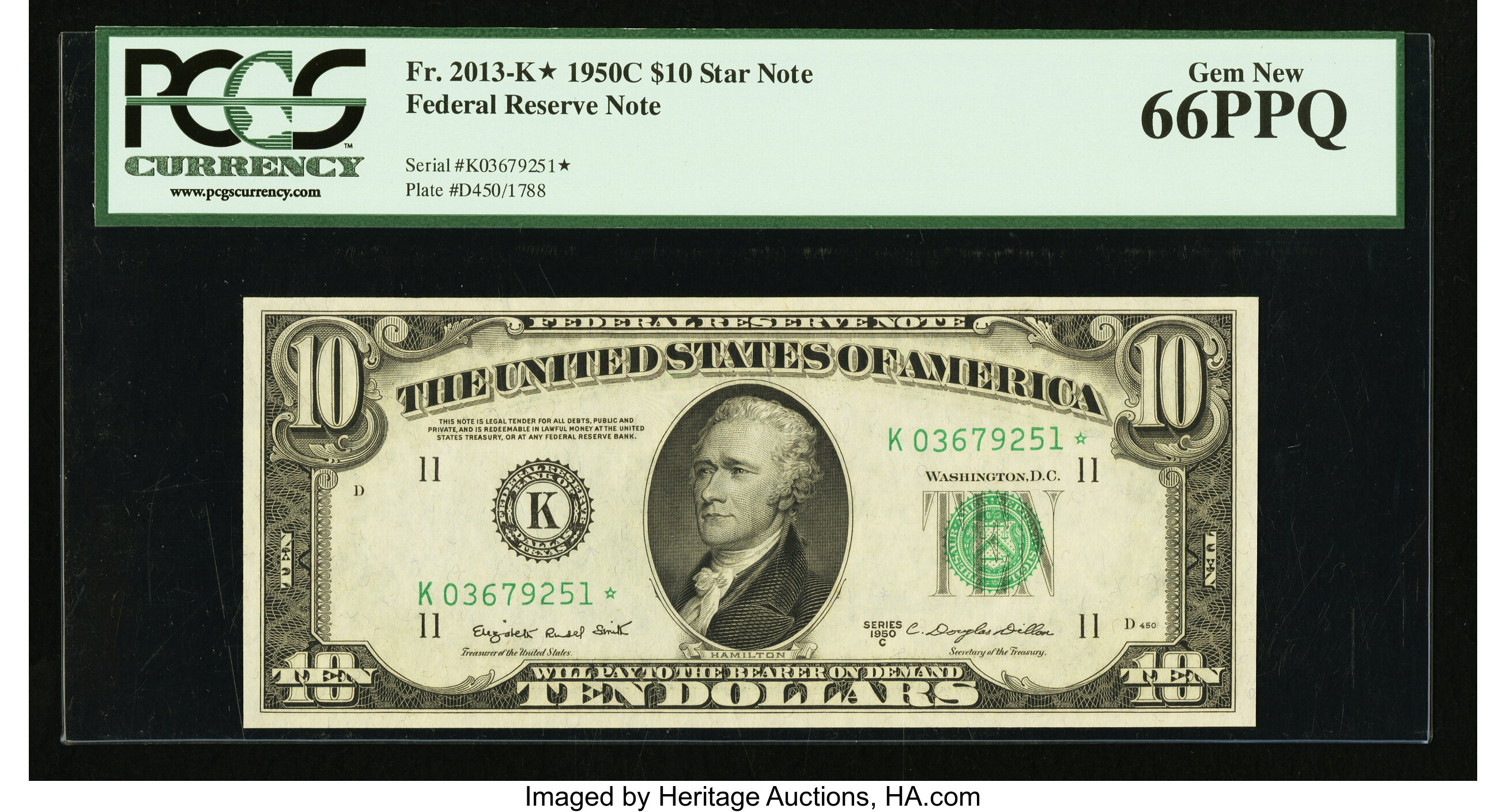 image for: Fr. 2013-K* $10 1950C Federal Reserve Note. PCGS Gem New 66PPQ....