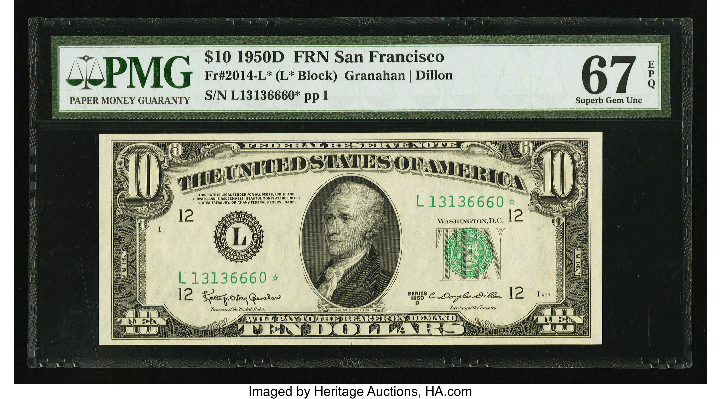 image for: Fr. 2014-L* $10 1950D Federal Reserve Note. PMG Superb Gem Unc 67 EPQ....