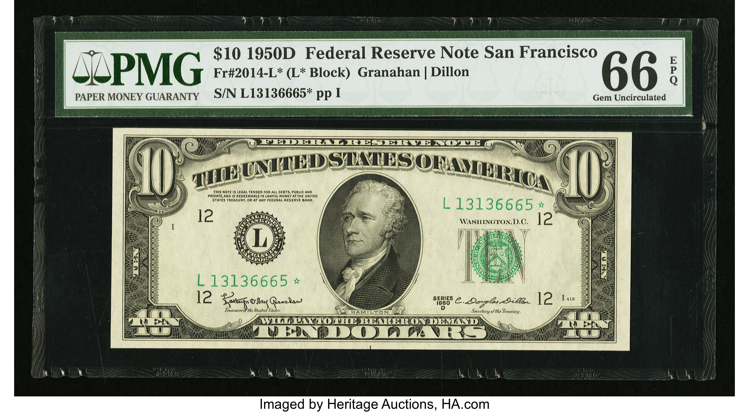 image for: Fr. 2014-L* $10 1950D Federal Reserve Note. PMG Gem Uncirculated 66 EPQ....