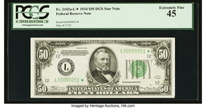 image for: Fr. 2102-L* $50 1934 Federal Reserve Note. PCGS Extremely Fine 45....