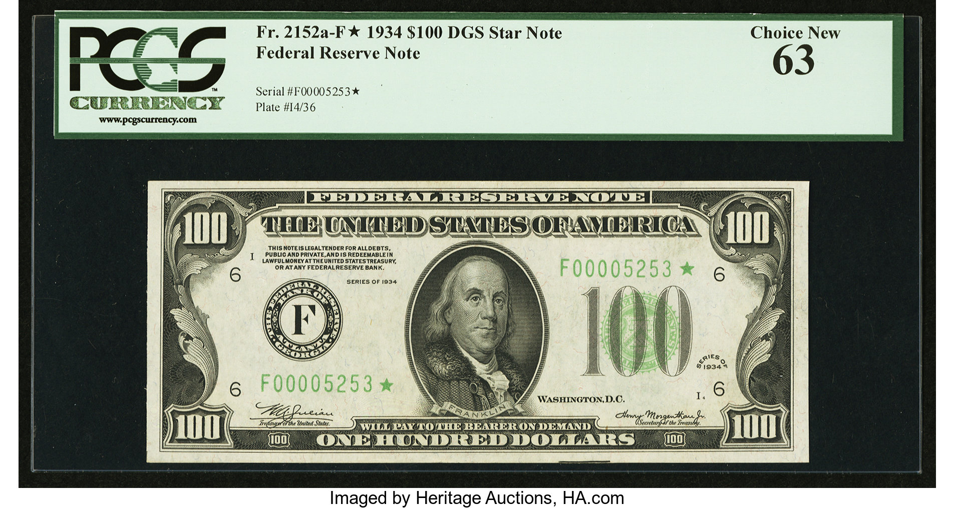 image for: Fr. 2152-F* $100 1934 Federal Reserve Note. PCGS Choice New 63....