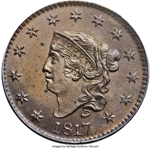 image for: 1817 1C 13 Stars MS64 Brown PCGS. N-2, R.3. Our EAC Grade MS61....