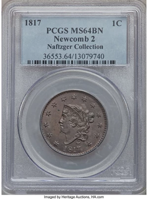 image for: 1817 1C 13 Stars MS64 Brown PCGS. N-2, R.3. Our EAC Grade MS61....