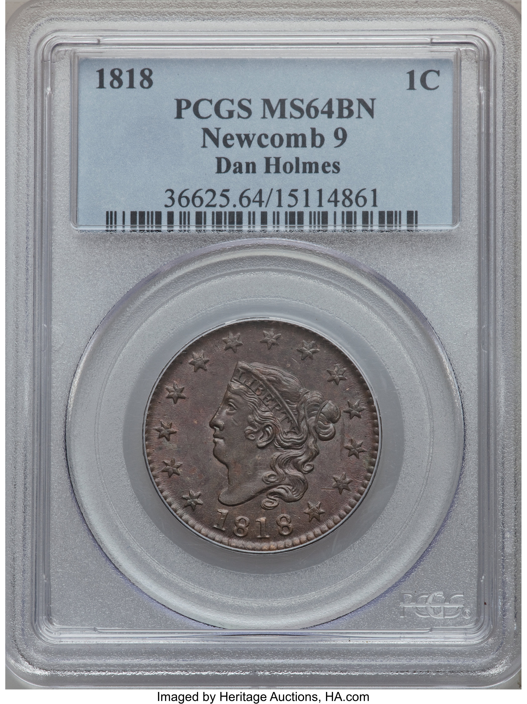 image for: 1818 1C MS64 Brown PCGS. N-9, R.3. Our EAC Grade MS60....