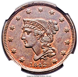 image for: 1842 1C Small Date MS64 Red and Brown NGC. N-1, R.3. Our EAC Grade MS62....