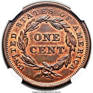 image for: 1842 1C Small Date MS64 Red and Brown NGC. N-1, R.3. Our EAC Grade MS62....