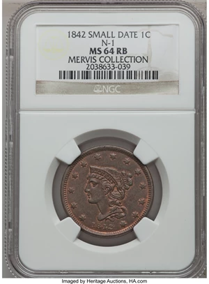 image for: 1842 1C Small Date MS64 Red and Brown NGC. N-1, R.3. Our EAC Grade MS62....