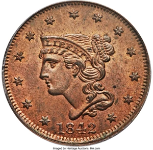 image for: 1842 1C Large Date MS64 Red and Brown PCGS. N-7, High R.3. Our EAC Grade MS63....