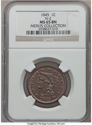image for: 1845 1C MS65 Brown NGC. N-2, R.1. Our EAC Grade MS63....