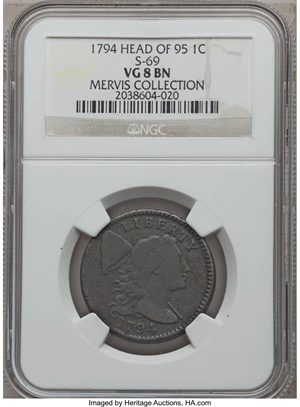 image for: 1794 1C Head of 1795, S-69, B-61, R.3 VG8 NGC....