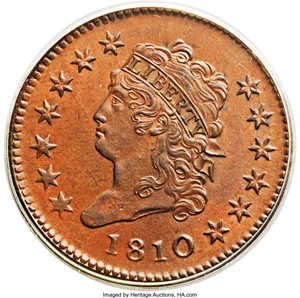 image for: 1810 1C MS64 Brown PCGS. S-285, B-2, R.2. Our EAC Grade AU55. ...