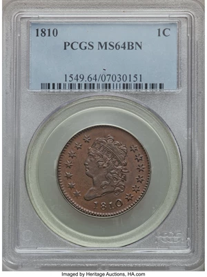 image for: 1810 1C MS64 Brown PCGS. S-285, B-2, R.2. Our EAC Grade AU55. ...