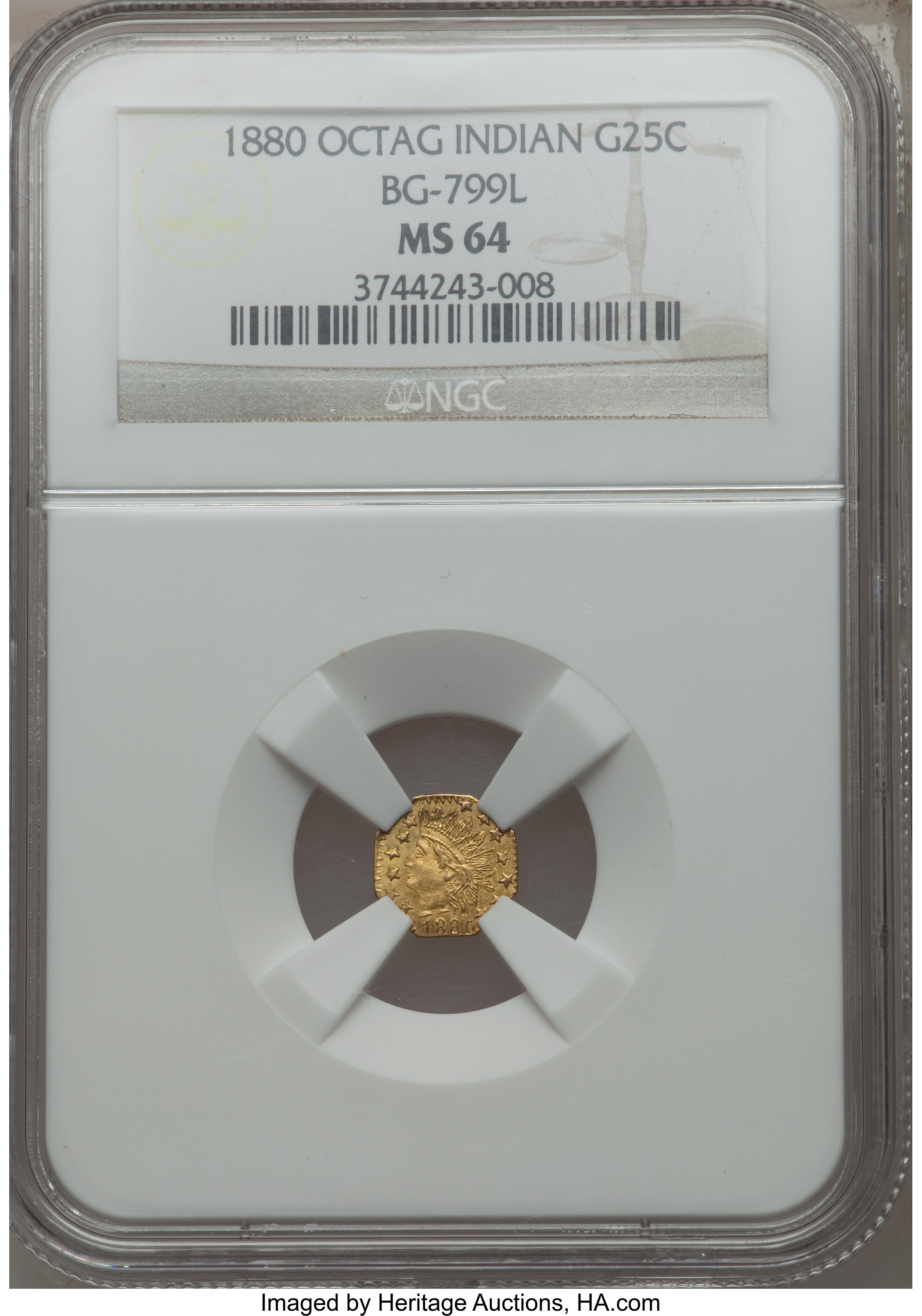 image for: 1880 25C Indian Octagonal 25 Cents, BG-799L, High R.5, MS64 NGC. NGC Census: (0/0). PCGS Population (12/8).  ...