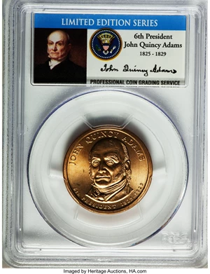 image for: (2008) $1 John Quincy Adams, Missing Edge Lettering, Satin Finish SP66 PCGS. This Presidential dollar missed the production...