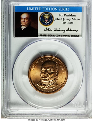 image for: (2008) $1 John Quincy Adams, Missing Edge Lettering, Satin Finish SP65 PCGS. This Presidential dollar missed the production...
