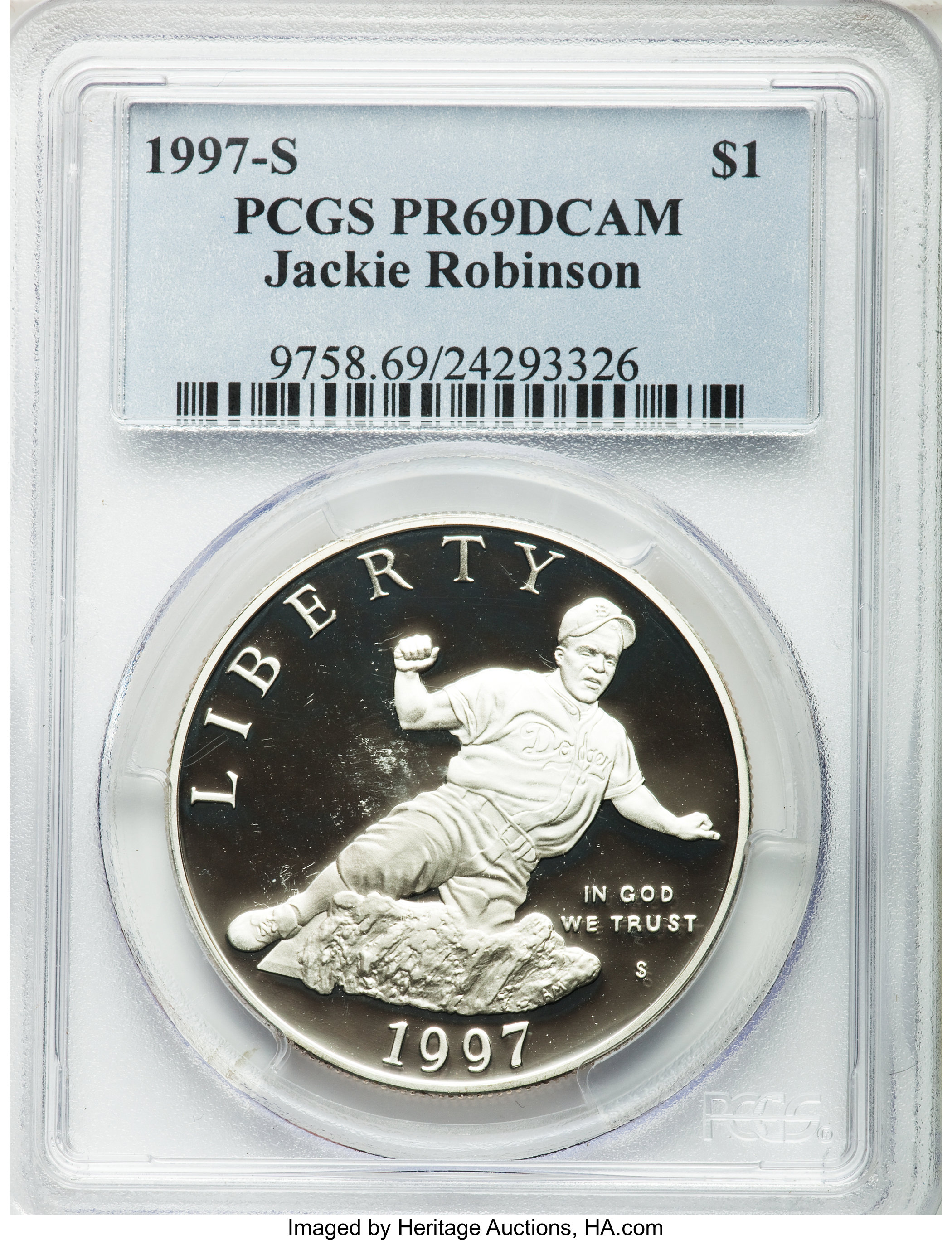 (5)1997-S $1 Jackie Robinson Silver Dollar PR69 Deep Cameo PCGS. PCGS Population (1679/101). NGC Census: (1797/58). Mintage... (Total: 5 coins)