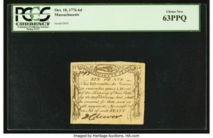 image for: Massachusetts October 18, 1776 6d Codfish PCGS Choice New 63PPQ....
