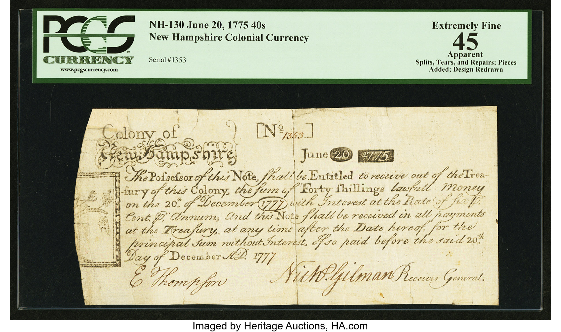 image for: New Hampshire June 20, 1775 40s PCGS Apparent Extremely Fine 45....