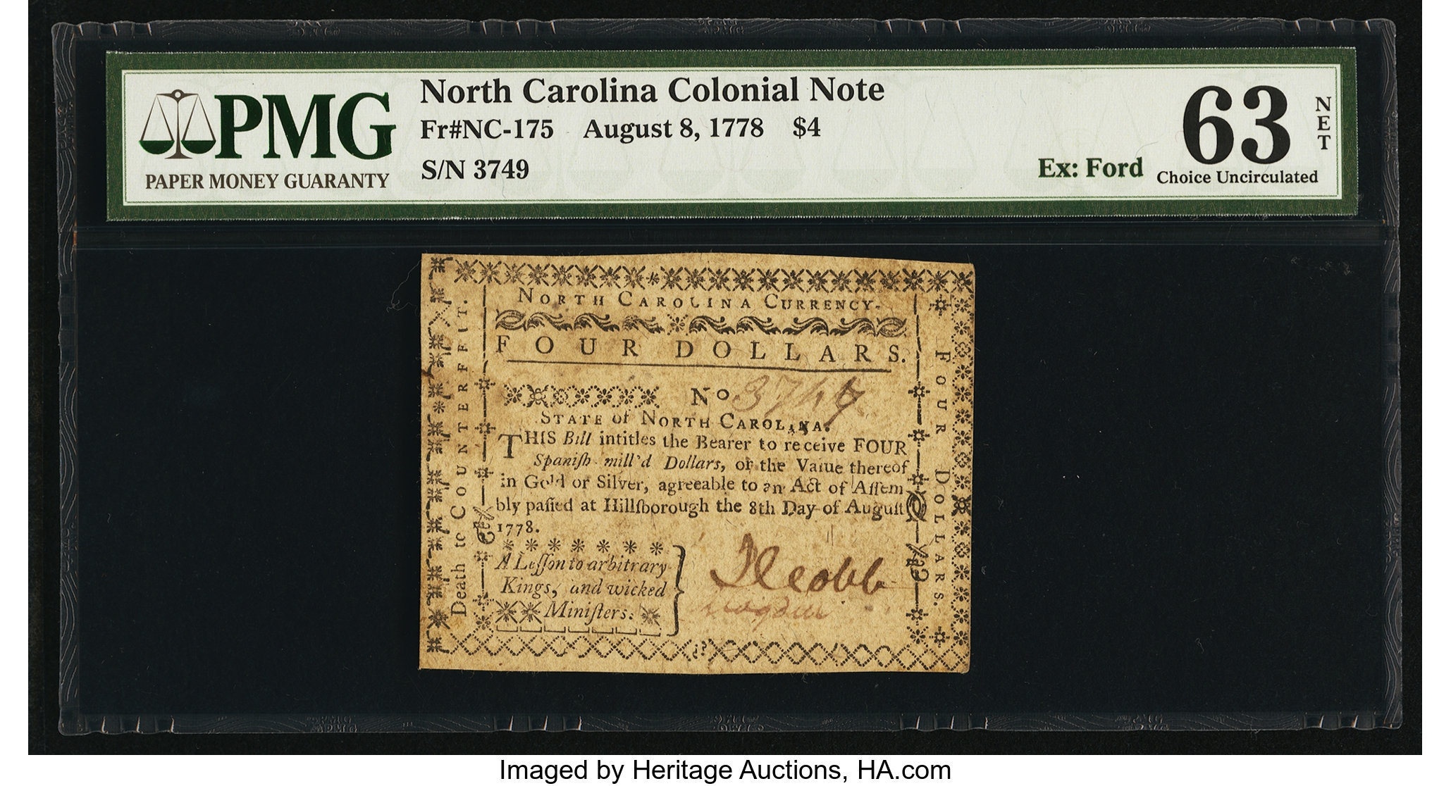 image for: North Carolina August 8, 1778 $4 A Lesson to Arbitrary Kings, and Wicked Ministers PMG Choice Uncirculated 63 Net....