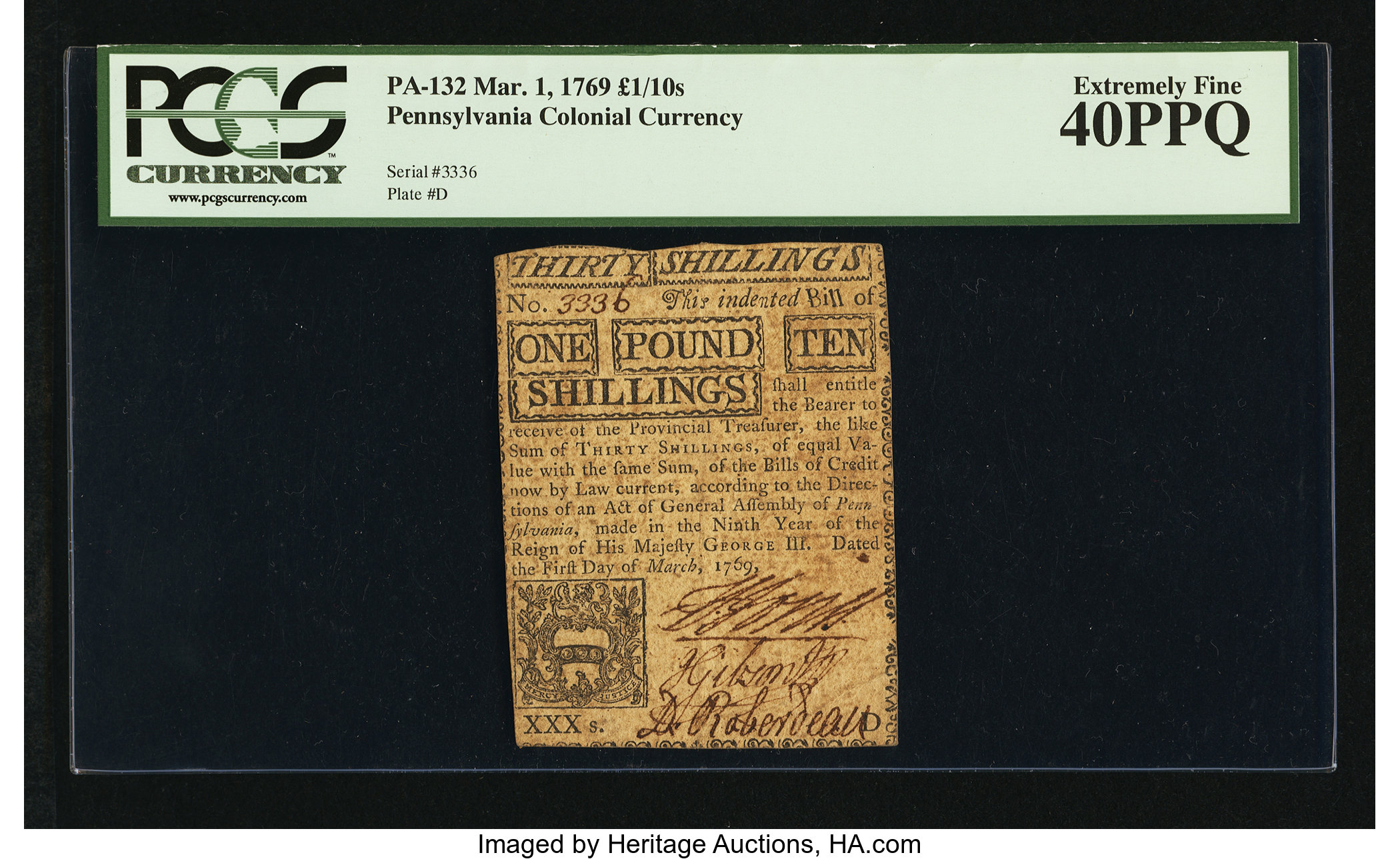 image for: Pennsylvania March 1, 1769 £1 10s PCGS Extremely Fine 40PPQ....