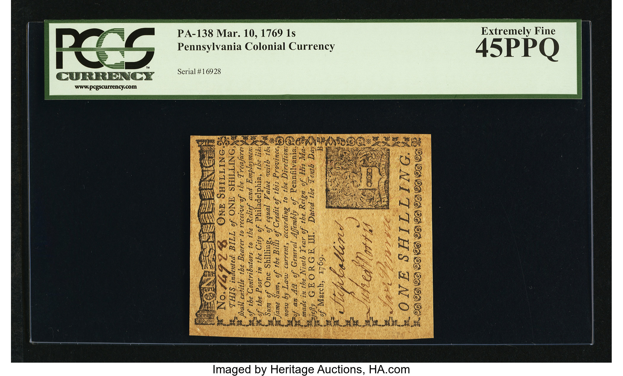 image for: Pennsylvania March 10, 1769 1s PCGS Extremely Fine 45PPQ....