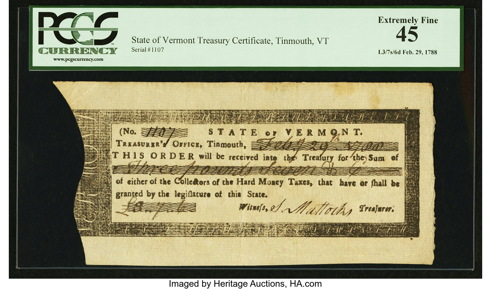 image for: State of Vermont Treasury Certificate PCGS Extremely Fine 45....