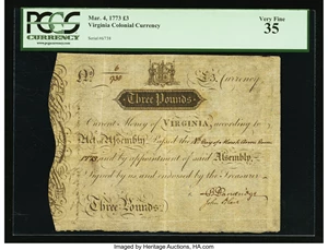 image for: Virginia March 4, 1773 £3 PCGS Very Fine 35....