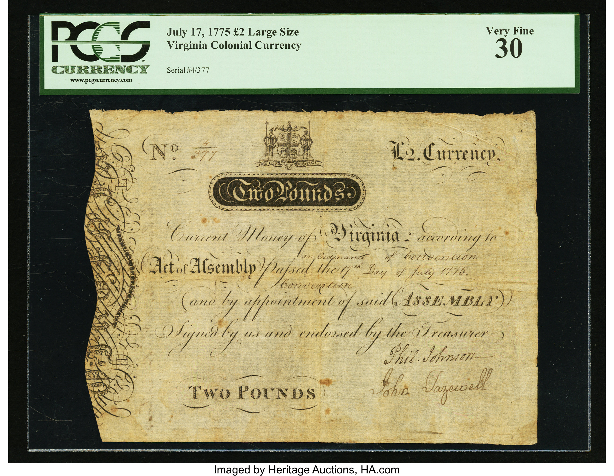 image for: Virginia July 17, 1775 £2 PCGS Very Fine 30....