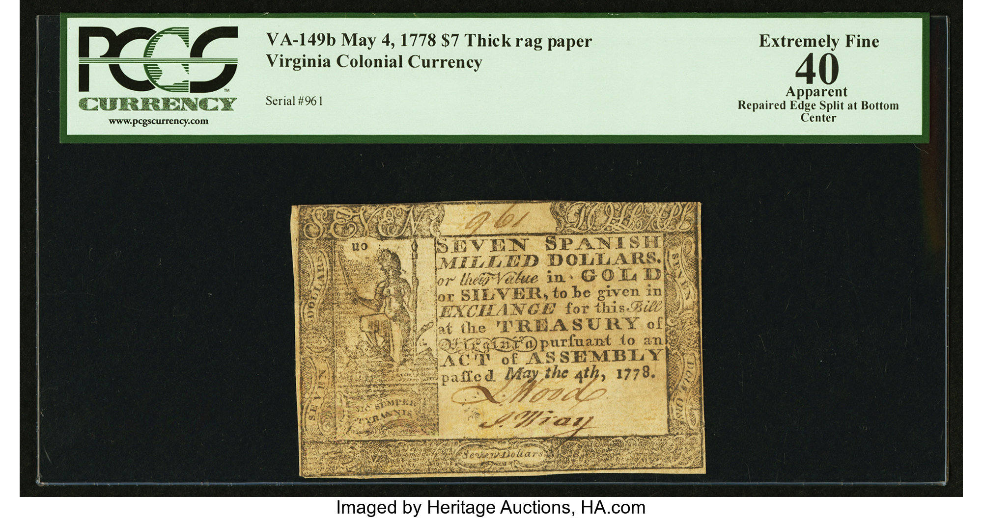 image for: Virginia May 4, 1778 (Dates Printed) $7 PCGS Apparent Extremely Fine 40....