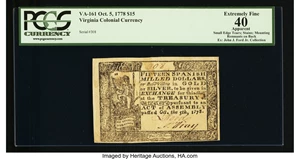 image for: Virginia October 5, 1778 $15 PCGS Apparent Extremely Fine 40....