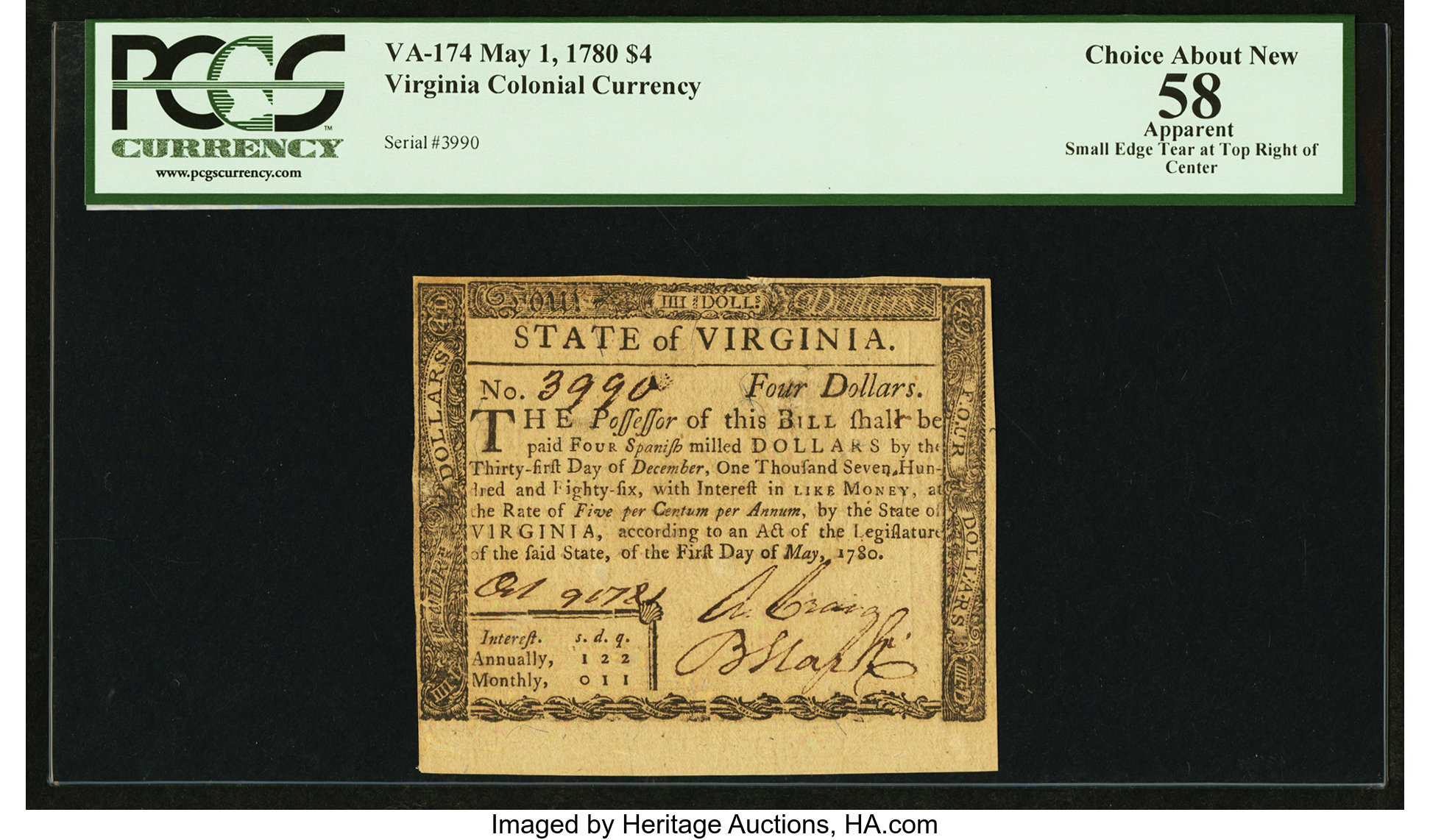 image for: Virginia May 1, 1780 $4 PCGS Apparent Choice About New 58....