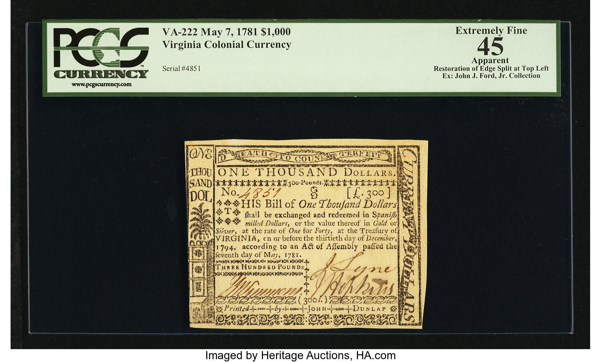image for: Virginia May 7, 1781 $1000 PCGS Apparent Extremely Fine 45....