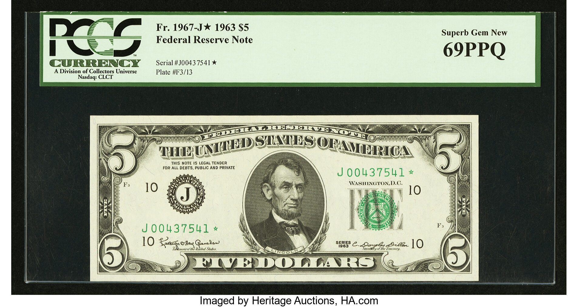 image for: Fr. 1967-J* $5 1963 Federal Reserve Note. PCGS Superb Gem New 69PPQ....