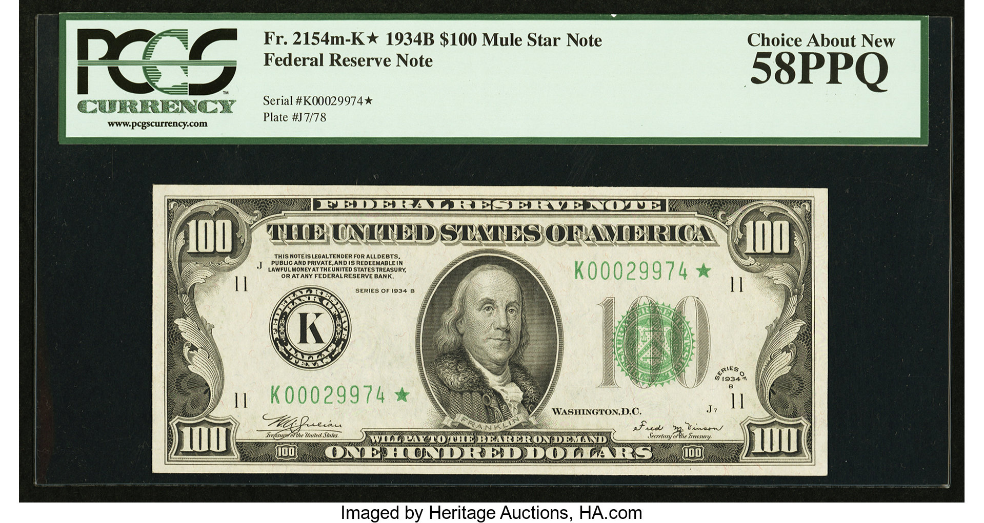 image for: Fr. 2154-K* $100 1934B Federal Reserve Note. PCGS Choice About New 58PPQ....