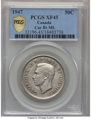 image for: George VI "Curved 7 - Maple Leaf" 50 Cents 1947 XF45 PCGS