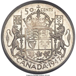 image for: George VI "Curved 7 - Maple Leaf" 50 Cents 1947 XF45 PCGS