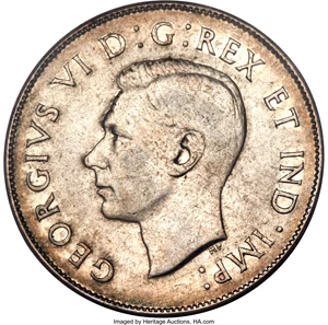 image for: George VI "Curved Right 7 - Maple Leaf" 50 Cents 1947 VF35 PCGS